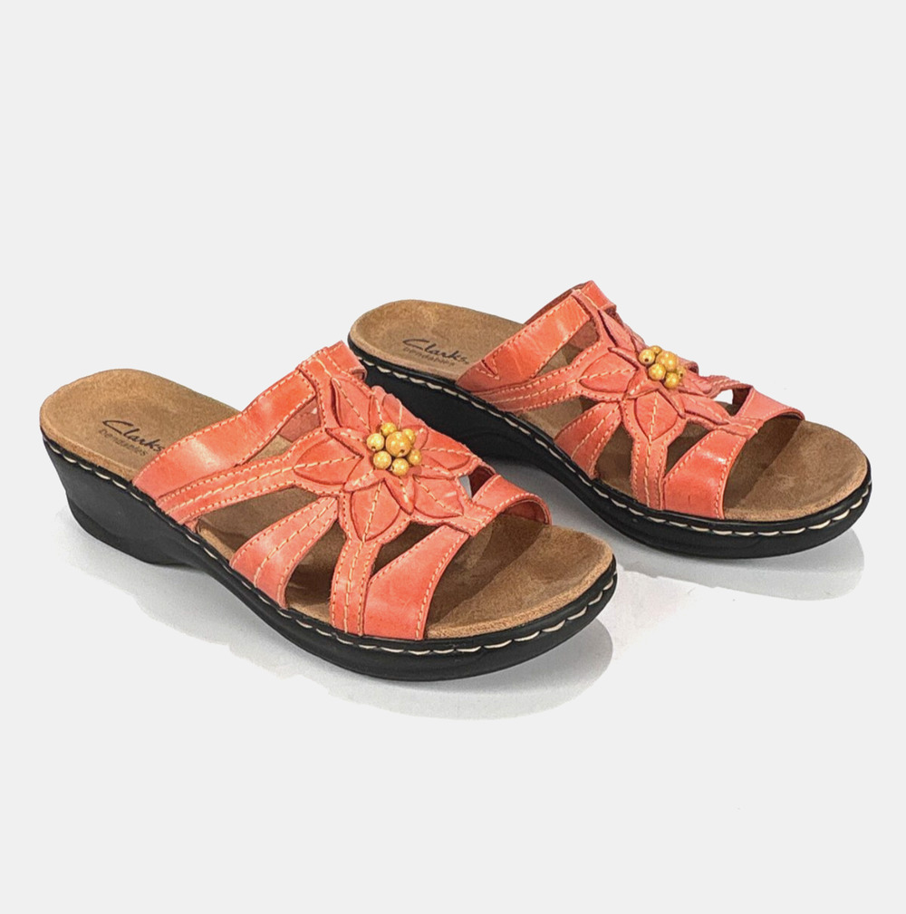 Clarks Lexi Myrtle Coral Slide Sandals Floral Comfort 9M Strappy Slip-On Boho
